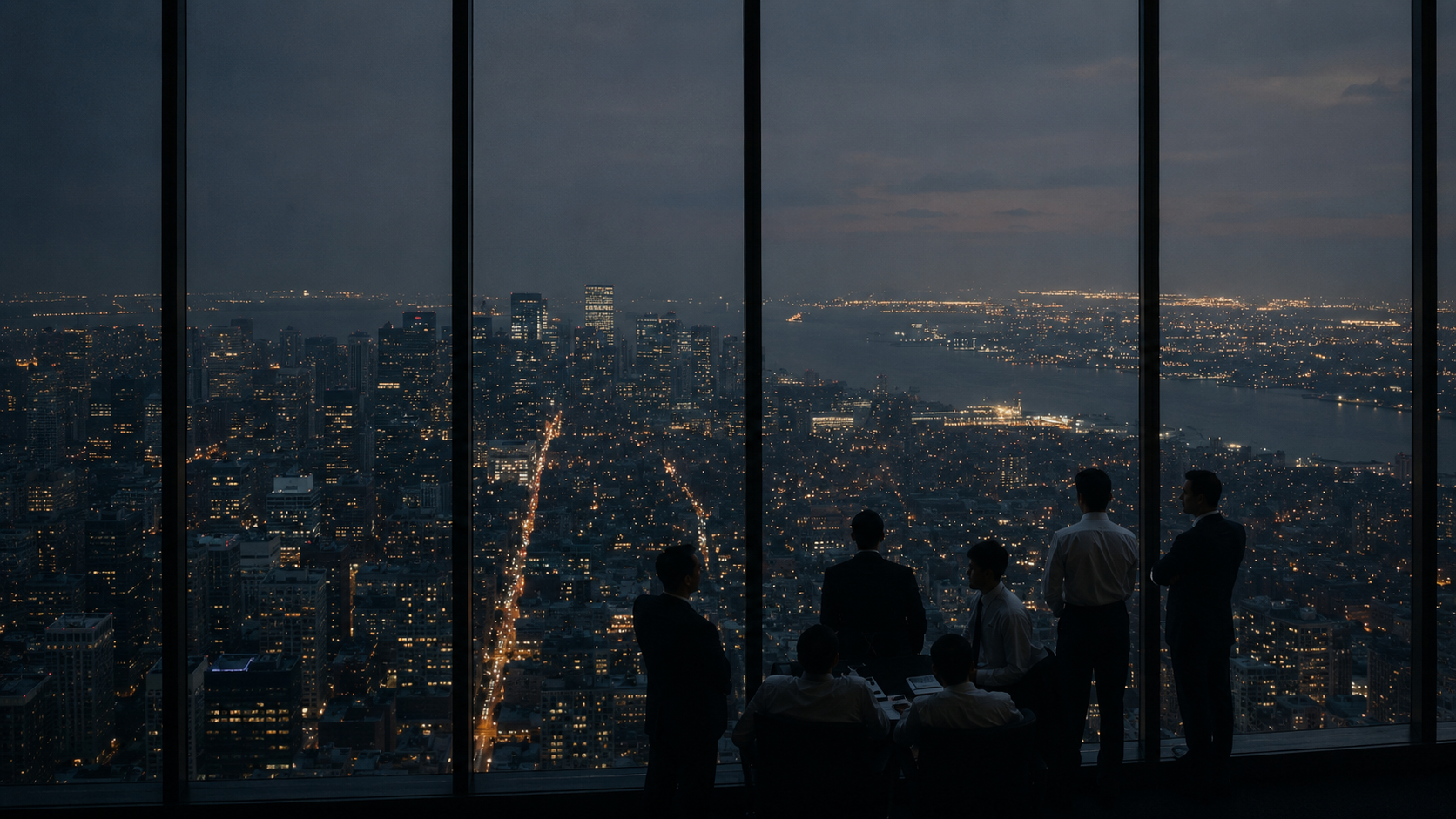 Professionnels regardant une ville illuminée depuis un building — Copy Club