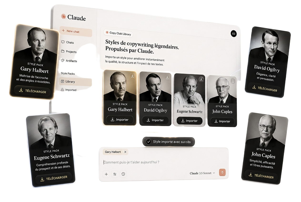 Bibliothèque Copy Club de styles de copywriting importables dans Claude